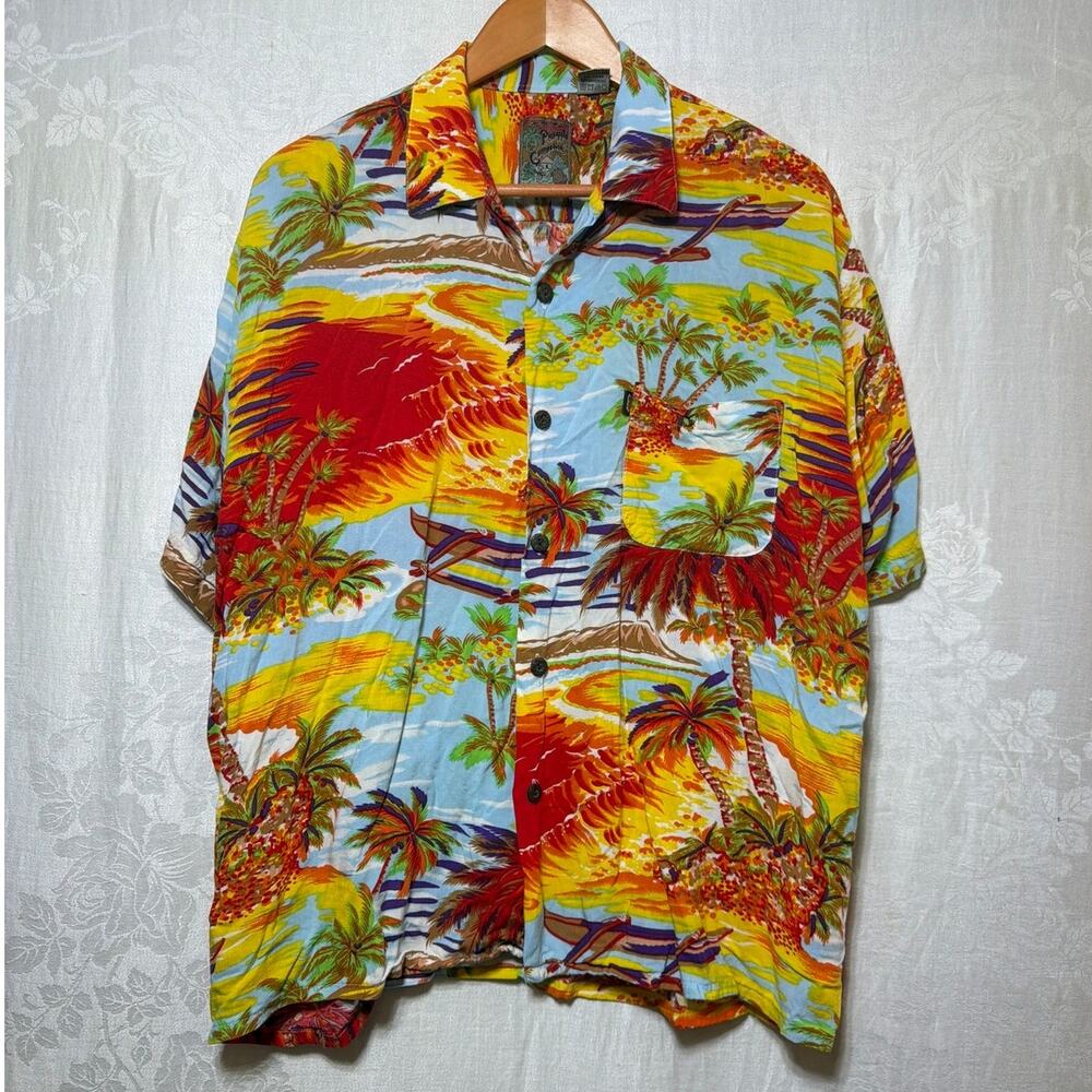 Pineapple Connection Button Up Large Hawaiian Print Vibrant Tropical Sunset